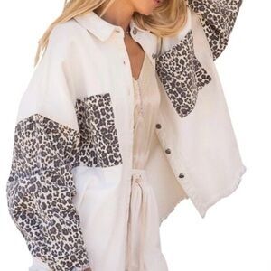 Pol Anthropologie White Denim Leopard Animal Print Oversize Jacket Retro 80’s M‎